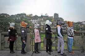 Флешмоб, участники которого, надев маски в виде голов зебр и лошадей, выстроились в ряд в городе Чунцин. Цель акции — принести всем удачу в следующем году.