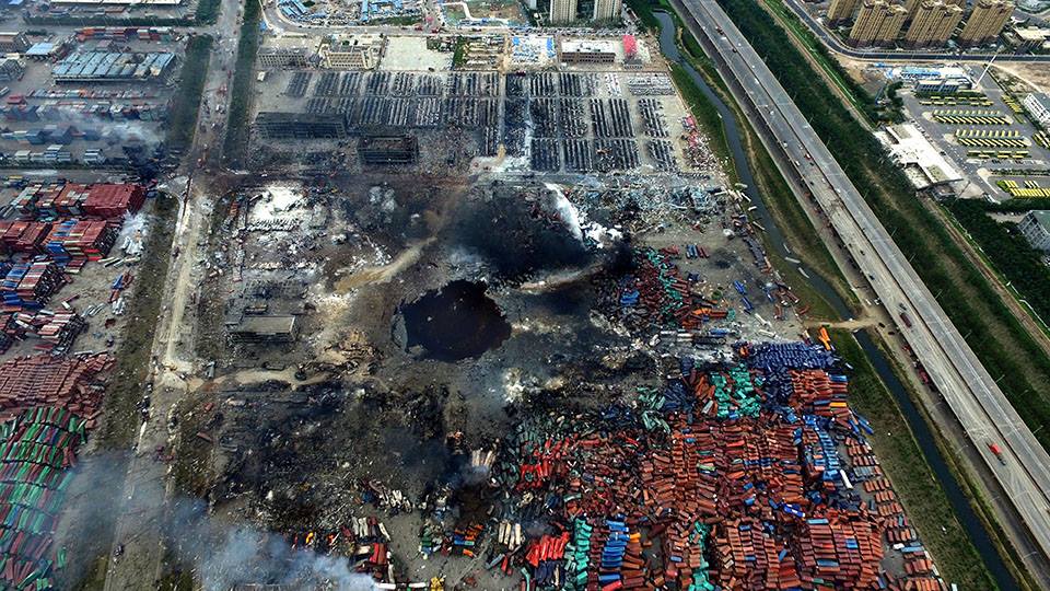 Дрон сфотографировал эпицентр взрыва на складе химических веществ, который произошел 12 августа в Тяньцзине. 