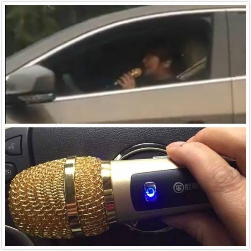 Внизу рекламное фото караоке-микрофона для смартфона, который использовала женщина в машине. Фото: CCTV News