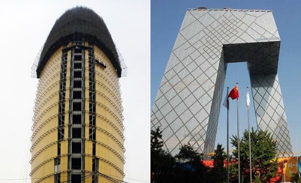 Здание Жэньминь Жибао (слева) и штаб-квартира CCTV  (справа). Фото: thenanfang.com
