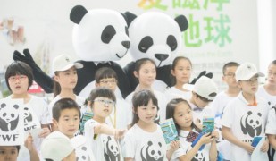 Дети позируют с символами в Фонда Дикой природы в городе Чанша, провинция Хунань.