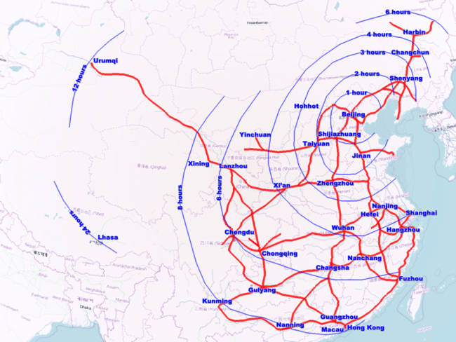 Планируемая схема высокоскоростных железных дорог в Китае в 2020 году. Фото: QUARTZ