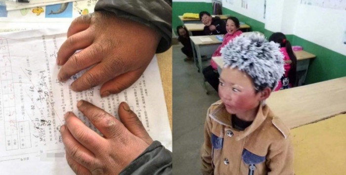 Китайский мальчик прославился в интернете: он пришел в школу за 4,5 км с инеем на волосах