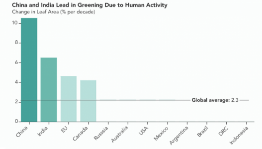 Степень роста озеленения разных стран за прошедшие 10 лет