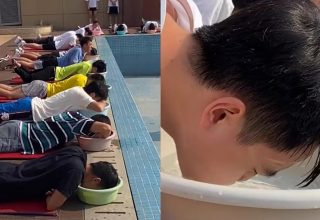 В Китае студенты учились плавать с помощью тазика с водой