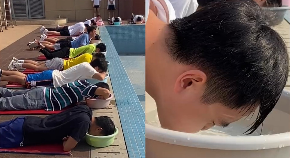 Китайские студенты лежат головой в тазу
